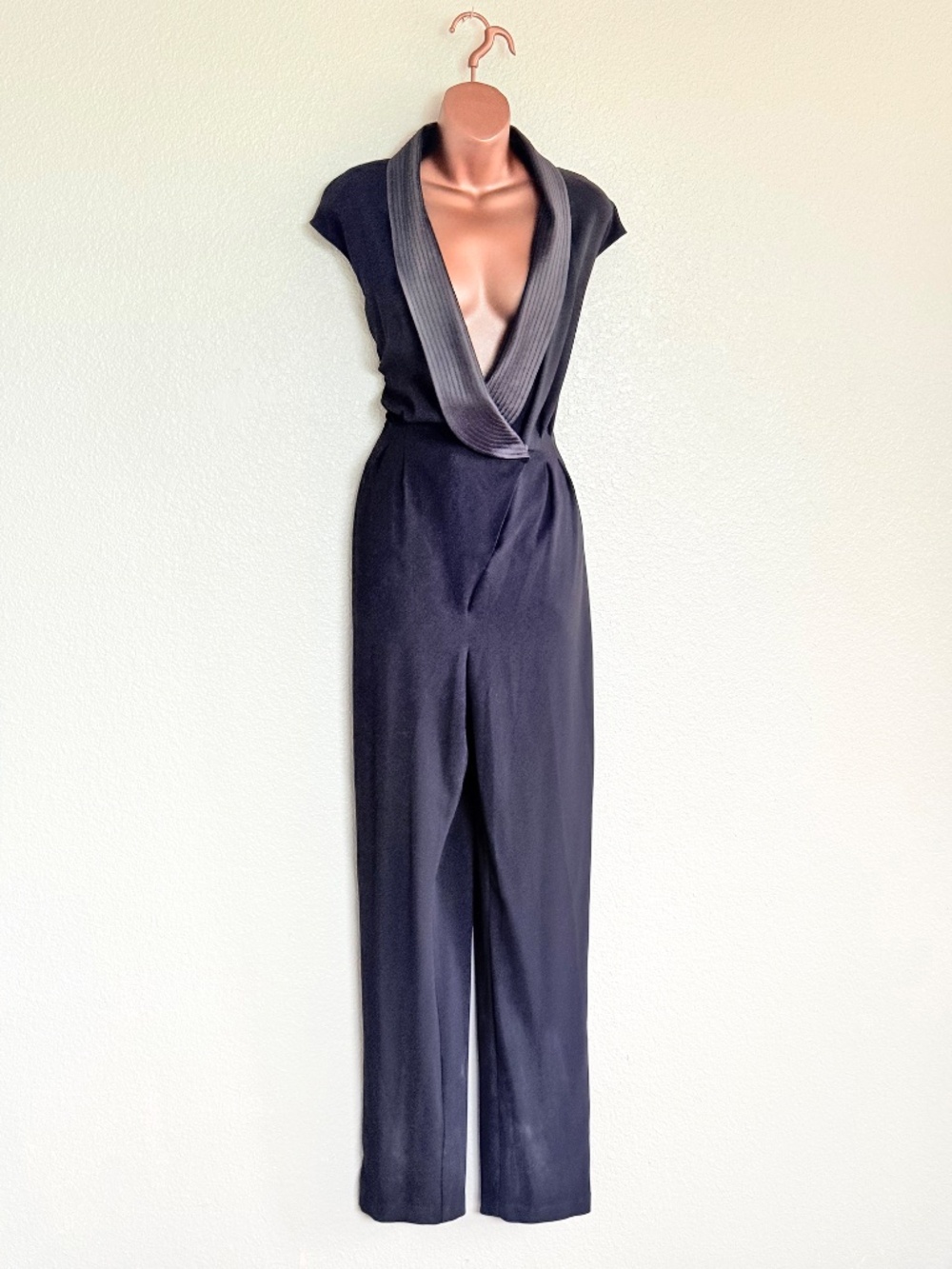 Halston Heritage Black Tuxedo Jumpsuit Plunge V-Neck Eveningwear Sz 10